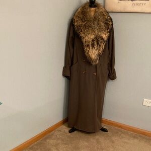 Vintage Gemini Army Green 100% Wool Trench Coat with Raccoon Fur Collar Women XL